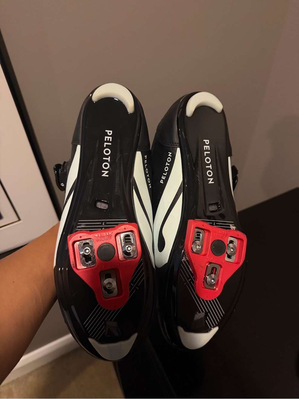 Peloton Men’s Black and White Cycling Shoes with Red Cleats